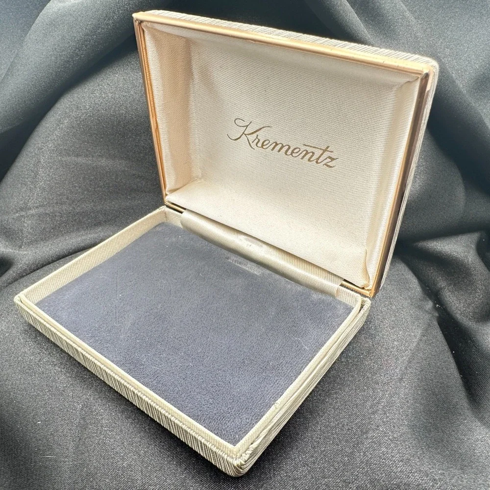 Vintage 80s Krementz Grey‎ Textured Silk Presentation Box Gold Tone Trim Jewelry